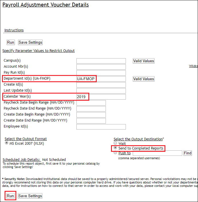 Screenshot of Payroll Adjustment Vouchers Query